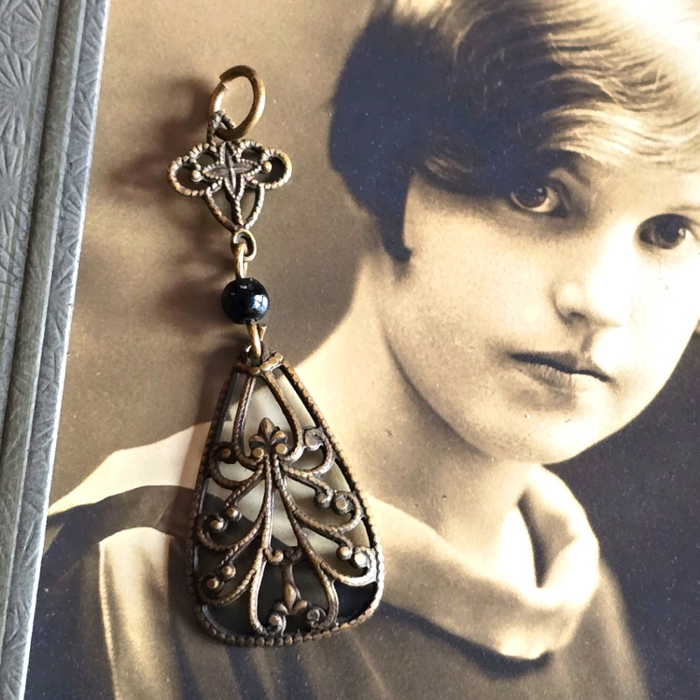 Vintage lavalier style pendant victorian revival style dark gold tone